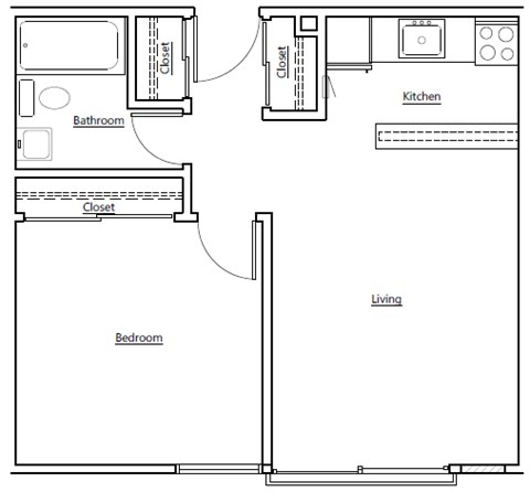 A floor plan of a house with a living room, kitchen, bathroom, and bedroom.